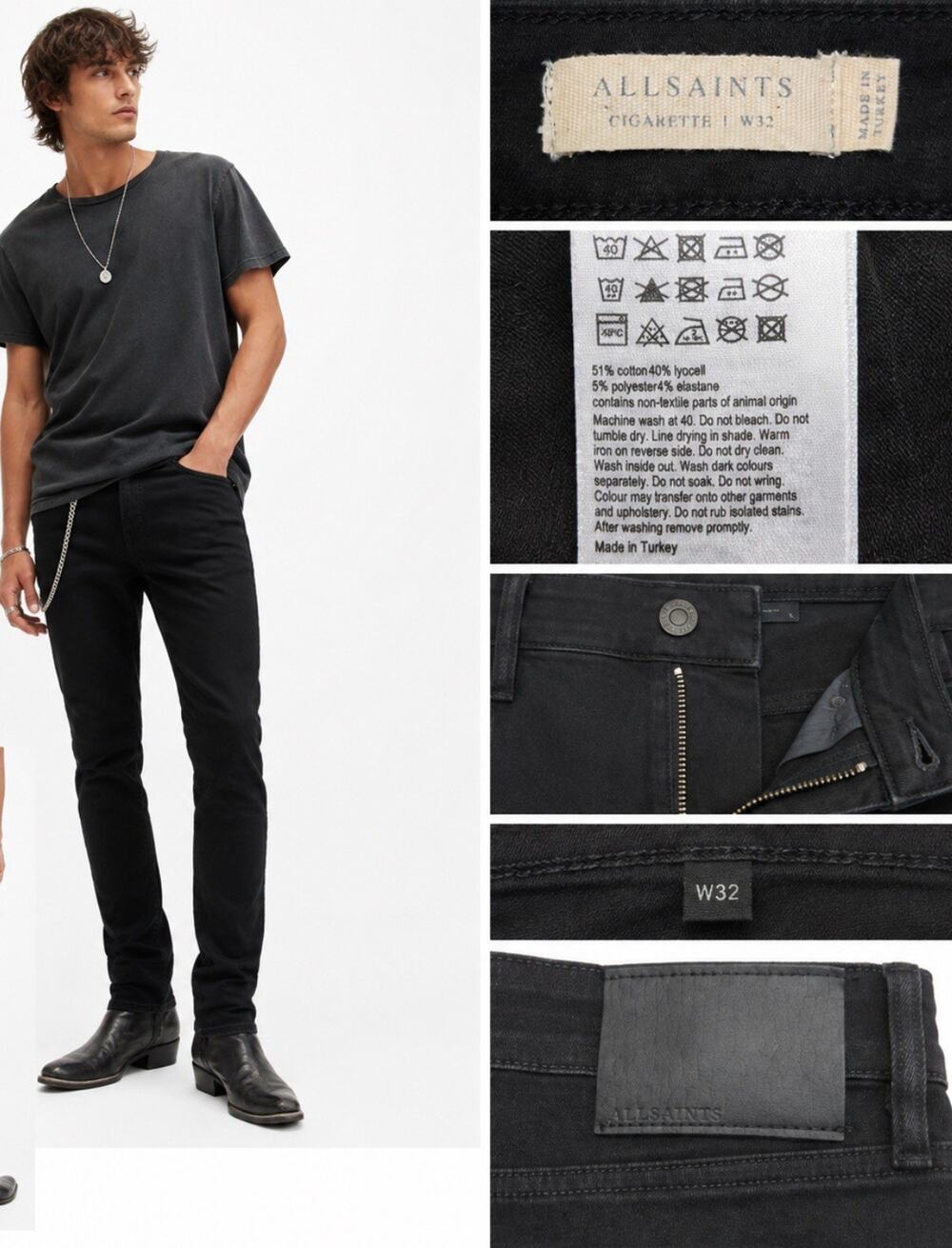 Indie Sleaze AllSaints Men's Cigarette Slim Jeans Size 32x32 Black Stretch Denim